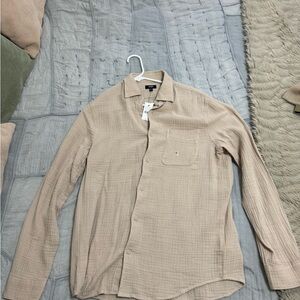Men's tan Express long sleeve button down shirt (size small, brand new with tags